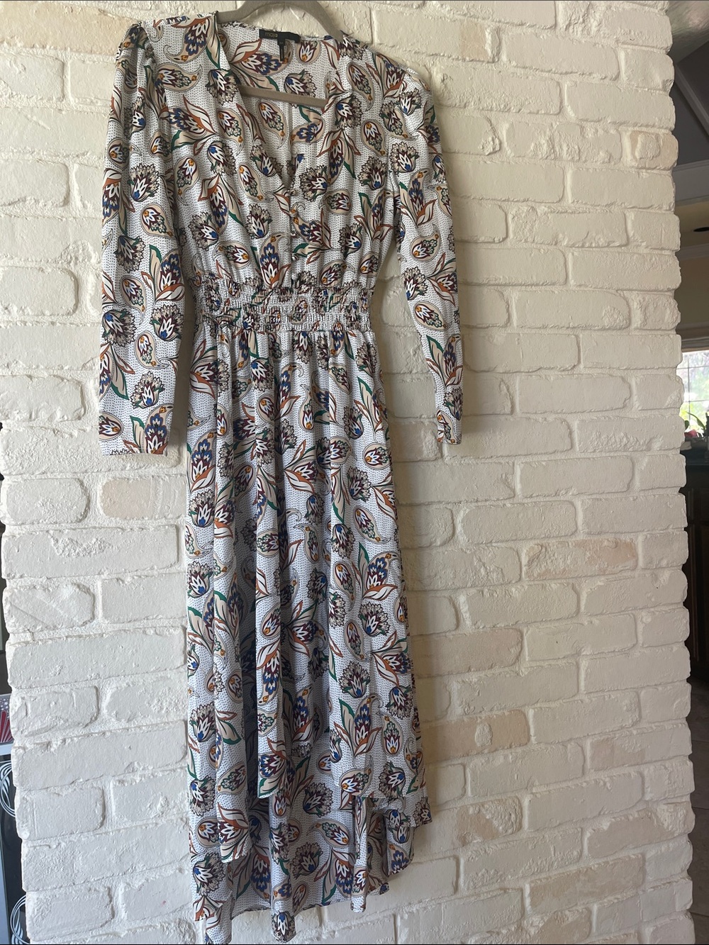 Maje Floral Smocked Waist Midi Maxi Dress Boho Romantic Long Sleeve size 34 XS/S